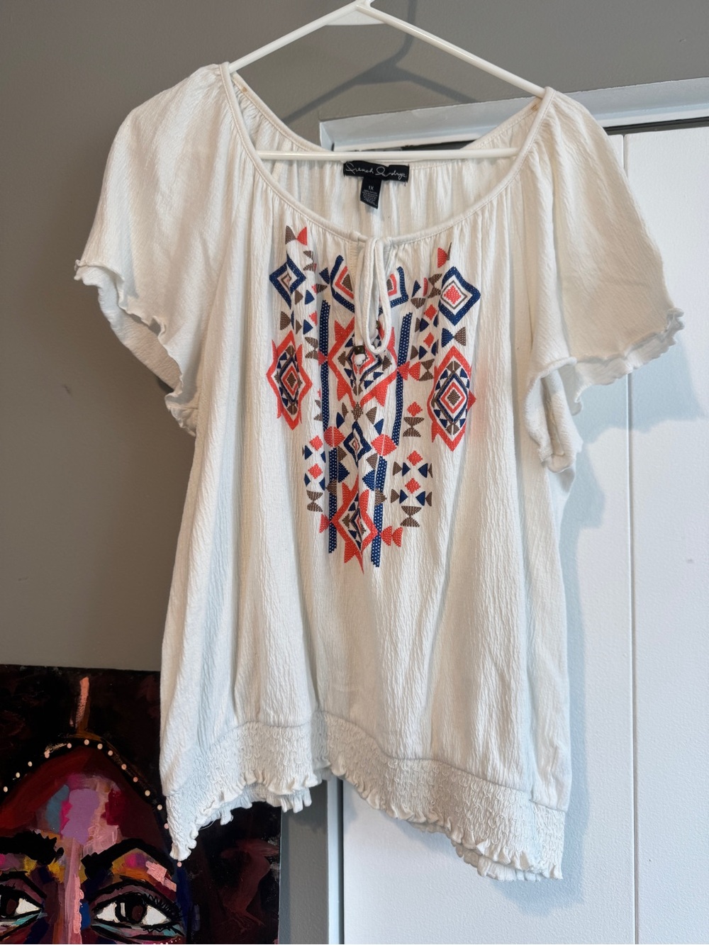 Boho Embroidered Flutter Sleeve Smocked Hem Blouse sz 1X XL